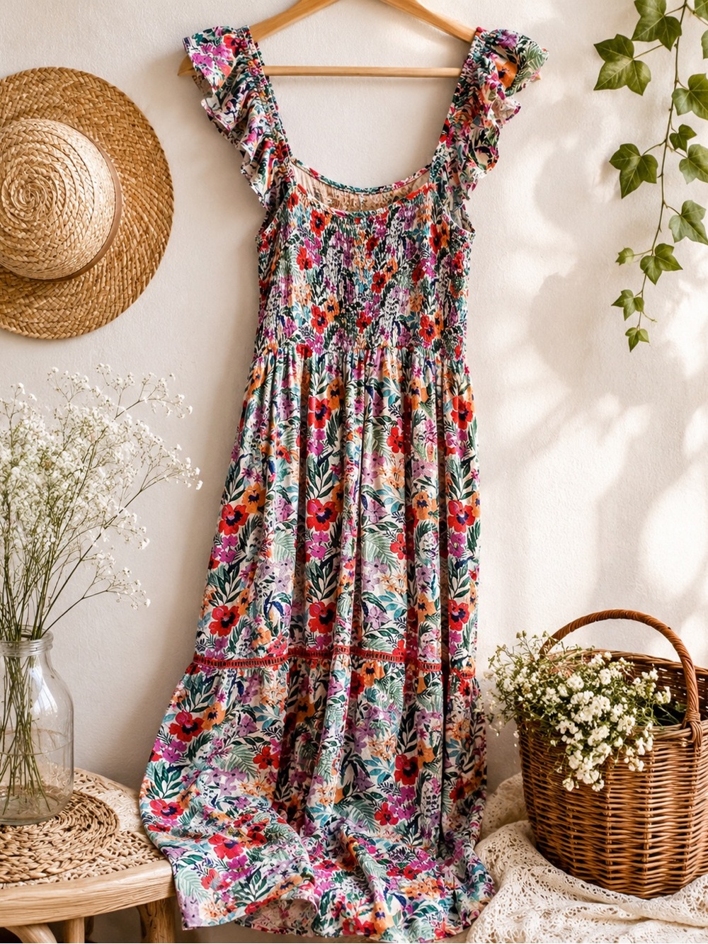 Lost + Wander Floral Smocked Midi Dress XS Cottagecore Boho Garden Party